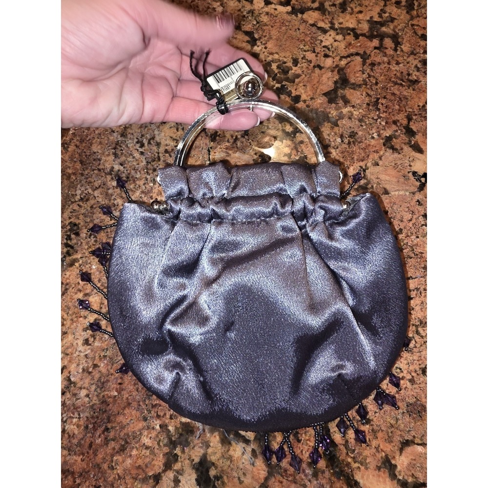 Vintage Bijoux Terner Grey Satin Beaded Clutch Bag Silver Kiss Lock Party Formal - Picture 2 of 4